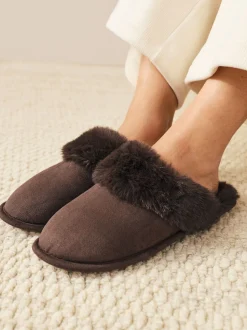 Chocolate Brown Faux Fur Suede Mule Slippers