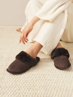 Chocolate Brown Faux Fur Suede Mule Slippers