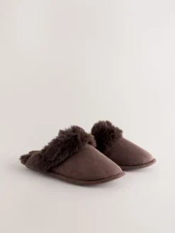 Chocolate Brown Faux Fur Suede Mule Slippers