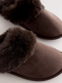 Chocolate Brown Faux Fur Suede Mule Slippers