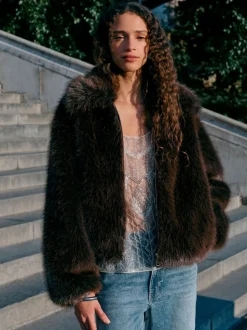 Chocolate Brown Faux Fur Zip Through Jacket