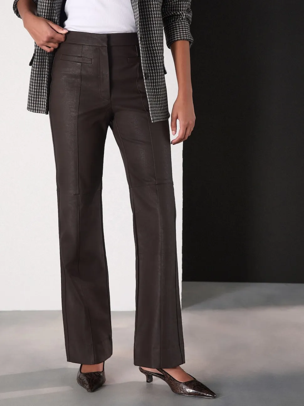 Chocolate Brown Faux Leather Flared Trousers