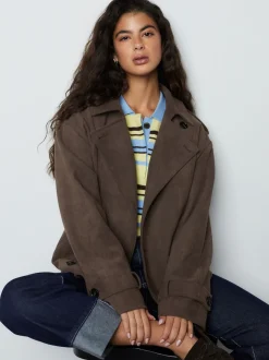 Chocolate Brown Faux Suede Cropped Trench Coat