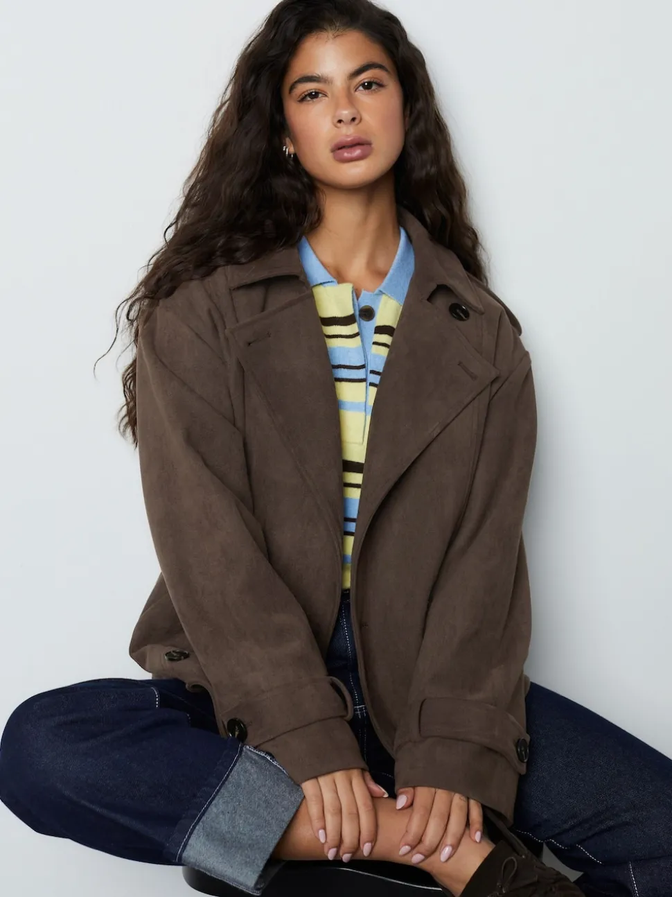 Chocolate Brown Faux Suede Cropped Trench Coat
