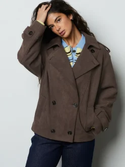 Chocolate Brown Faux Suede Cropped Trench Coat