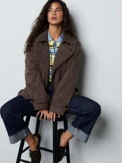 Chocolate Brown Faux Suede Cropped Trench Coat
