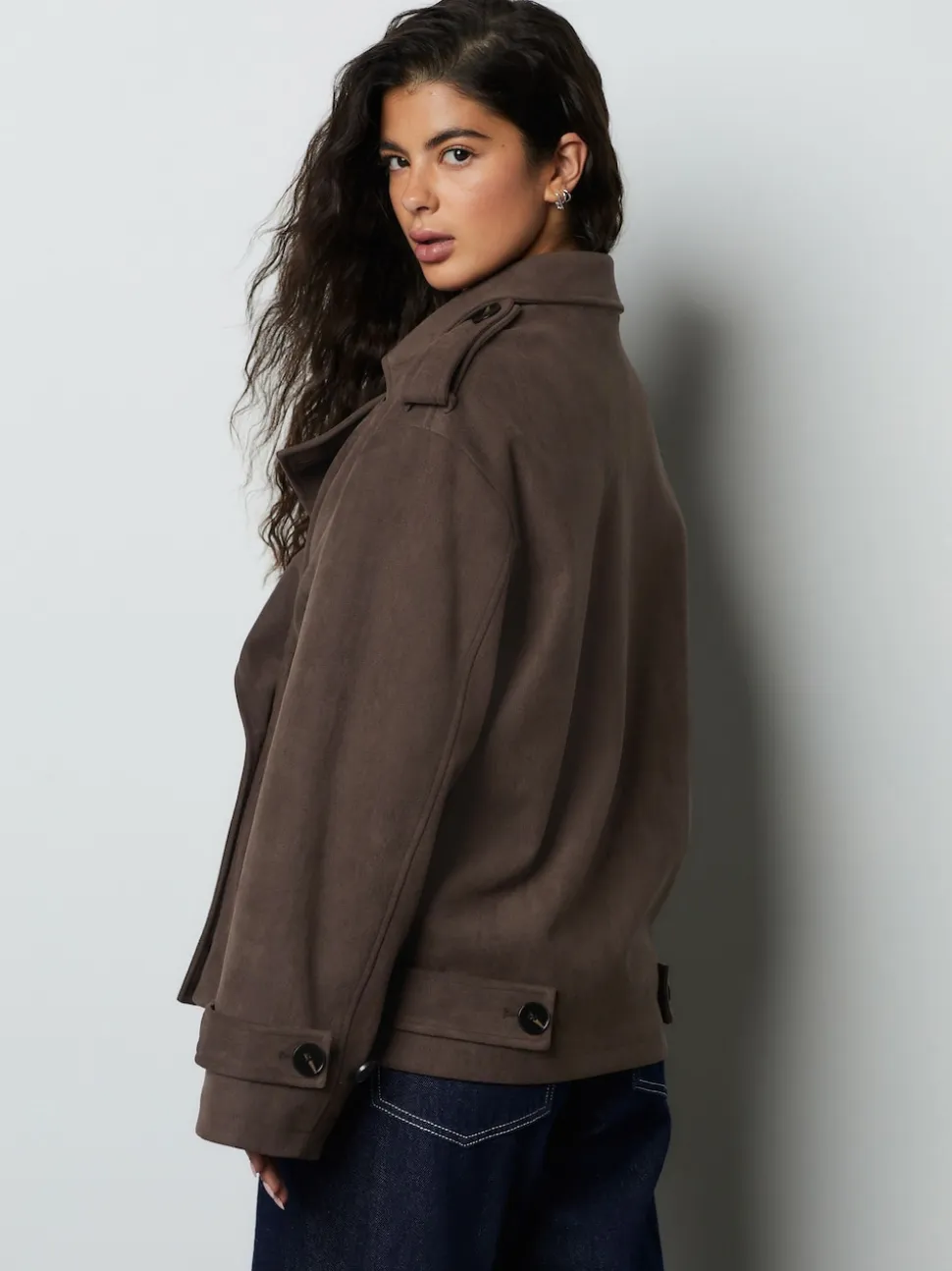 Chocolate Brown Faux Suede Cropped Trench Coat