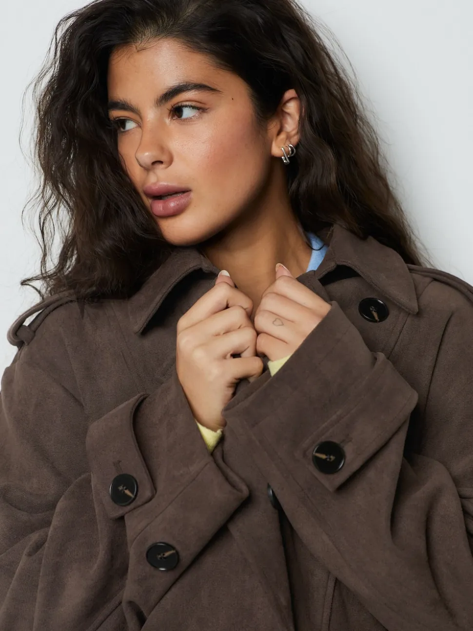 Chocolate Brown Faux Suede Cropped Trench Coat