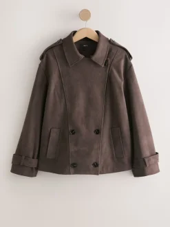 Chocolate Brown Faux Suede Cropped Trench Coat