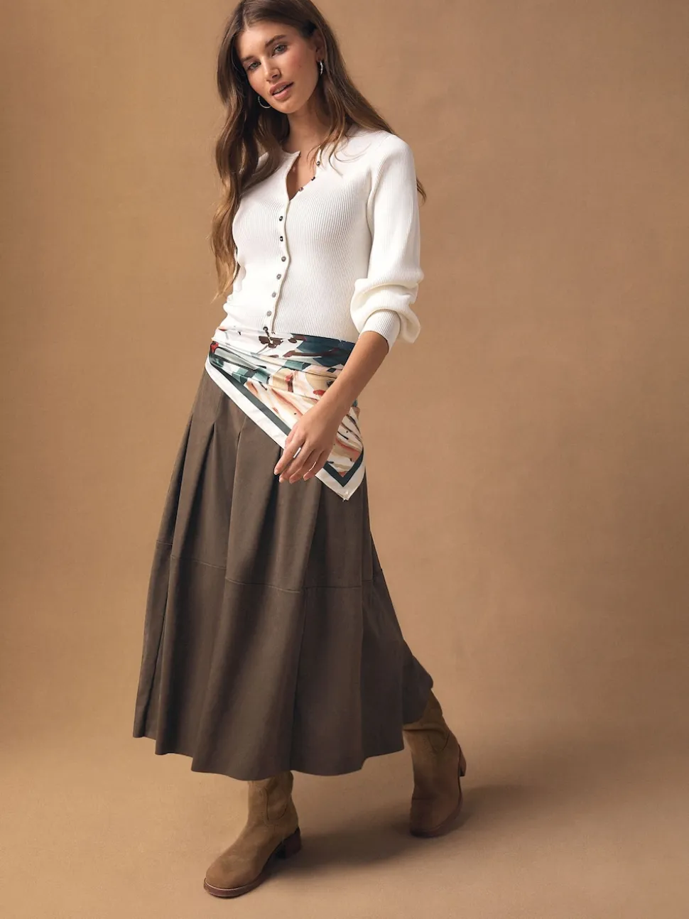 Chocolate Brown Faux Suede Midi Kilt Skirt