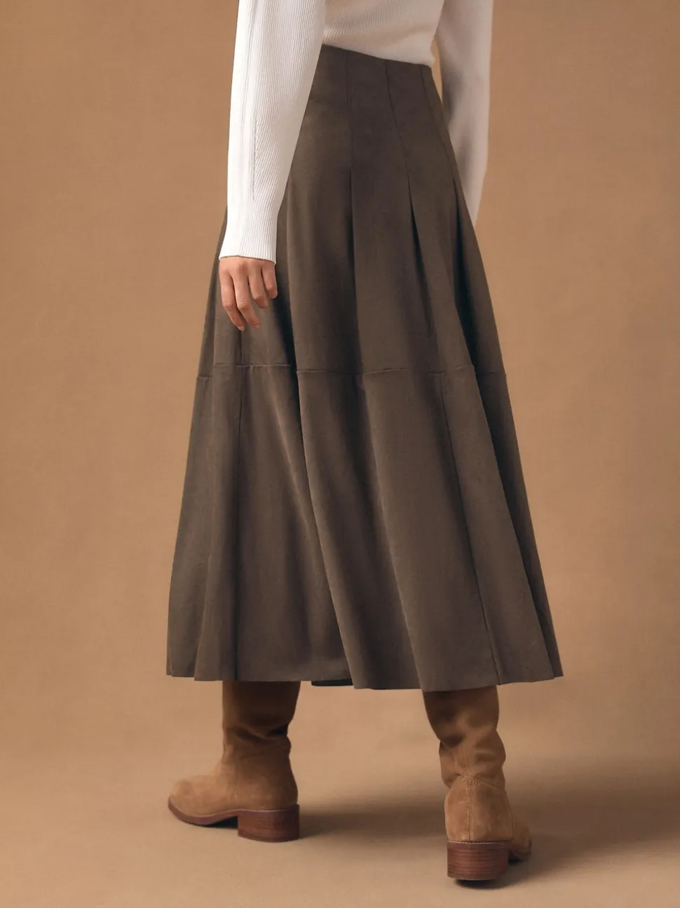 Chocolate Brown Faux Suede Midi Kilt Skirt