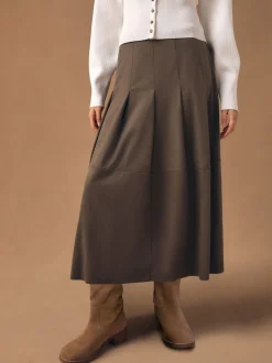 Chocolate Brown Faux Suede Midi Kilt Skirt
