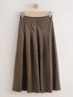 Chocolate Brown Faux Suede Midi Kilt Skirt