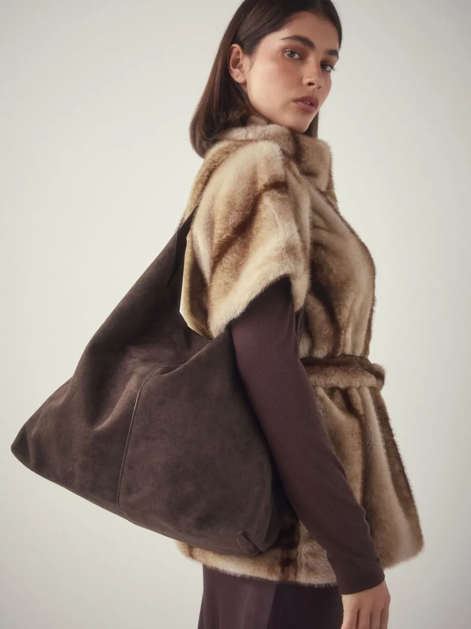 Chocolate Brown Faux Suede Slouchy Shoulder Bag