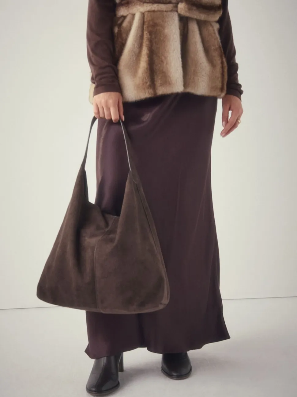 Chocolate Brown Faux Suede Slouchy Shoulder Bag