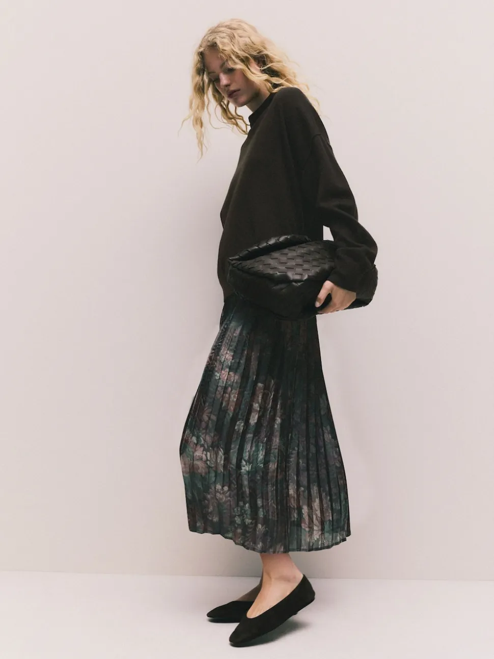 Chocolate Brown Floral 2-In-1 Knitted Jumper with Pleated Midi Skirt