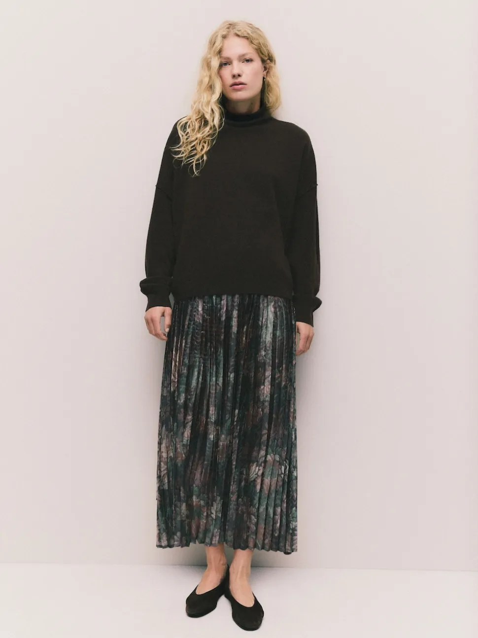 Chocolate Brown Floral 2-In-1 Knitted Jumper with Pleated Midi Skirt
