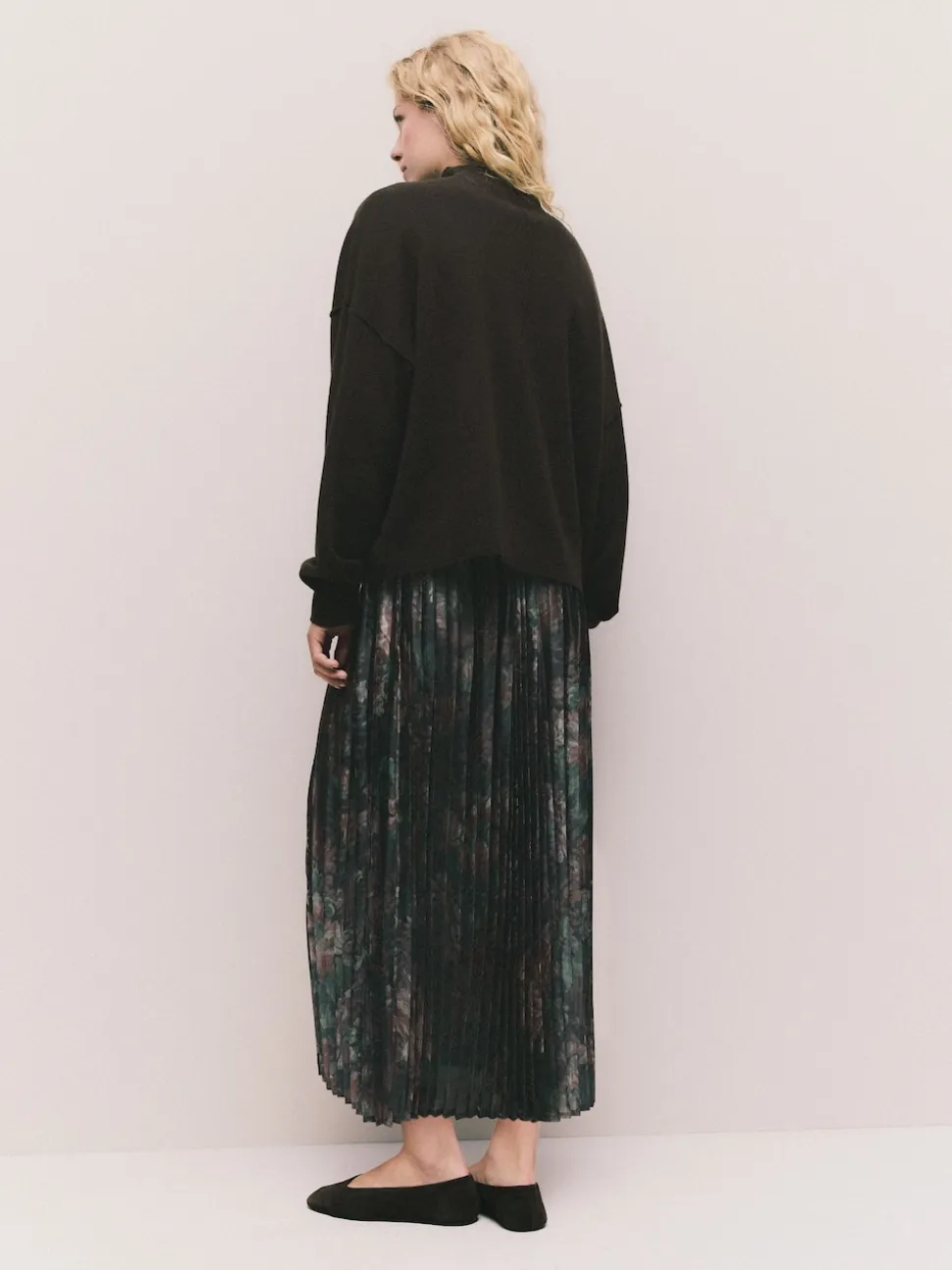 Chocolate Brown Floral 2-In-1 Knitted Jumper with Pleated Midi Skirt