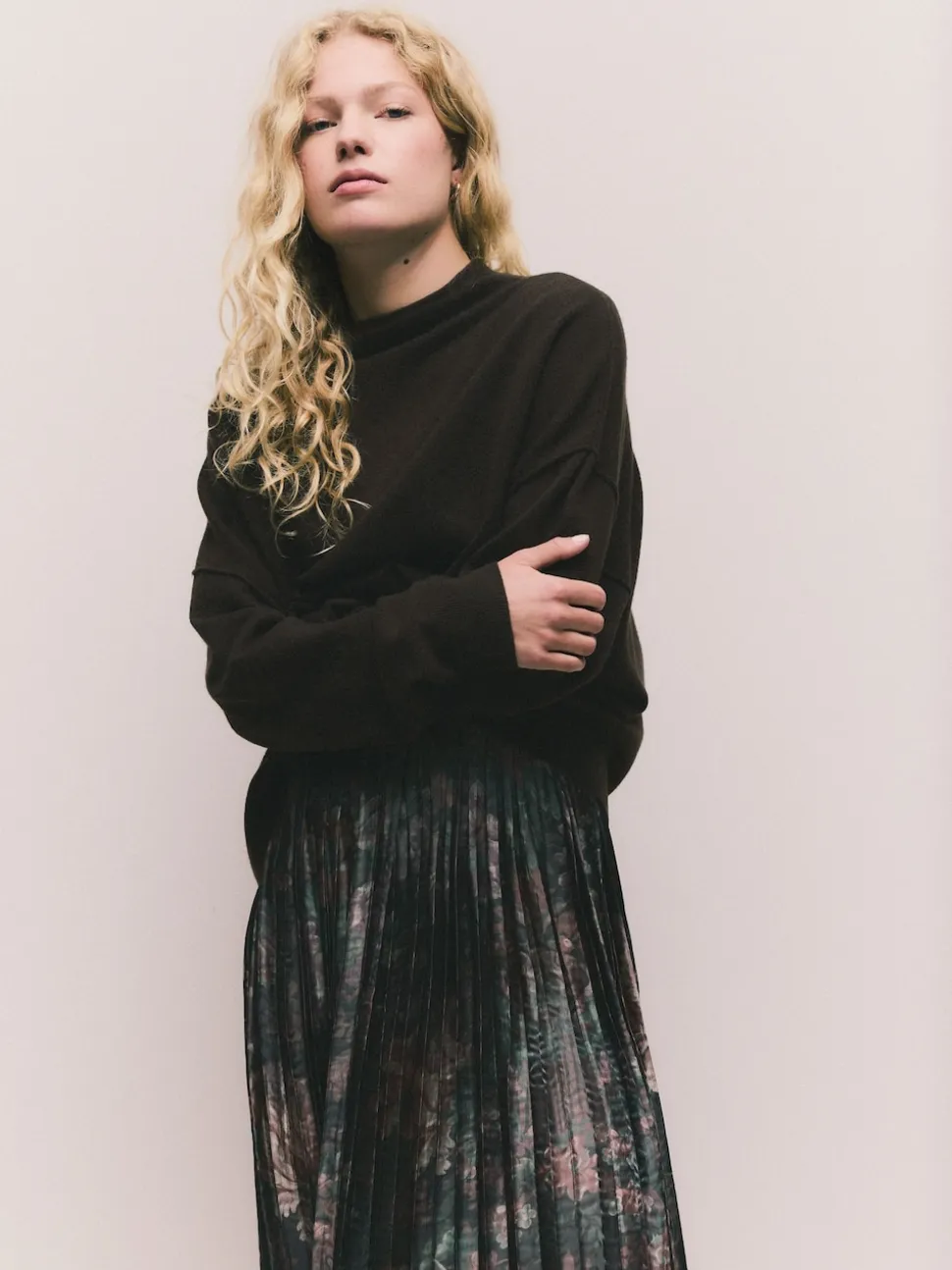 Chocolate Brown Floral 2-In-1 Knitted Jumper with Pleated Midi Skirt