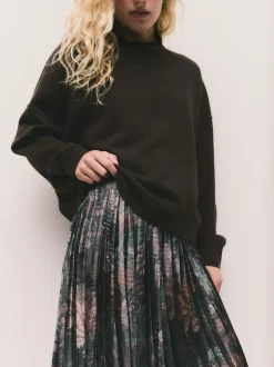 Chocolate Brown Floral 2-In-1 Knitted Jumper with Pleated Midi Skirt
