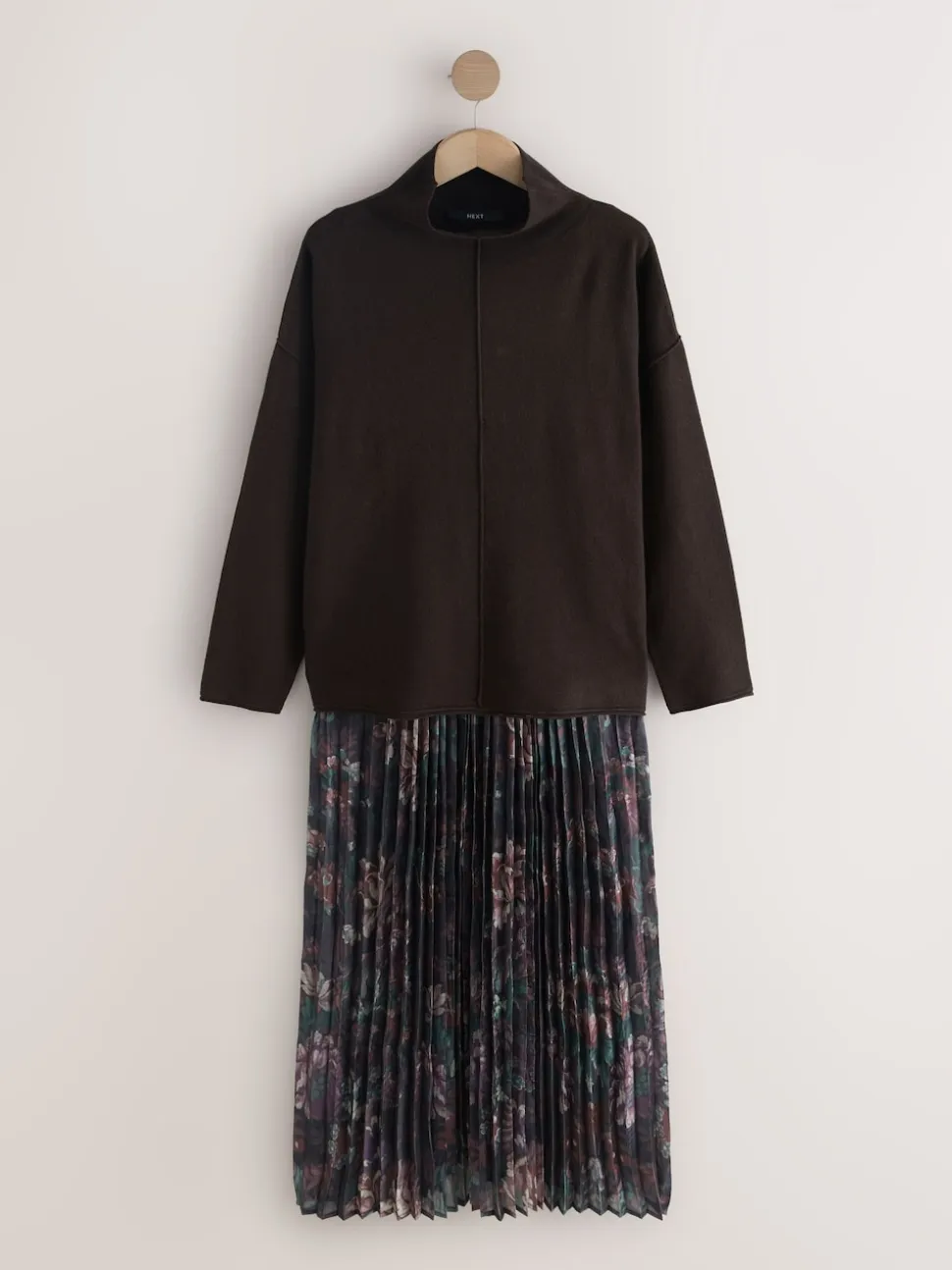 Chocolate Brown Floral 2-In-1 Knitted Jumper with Pleated Midi Skirt