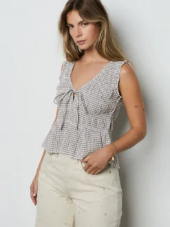 Chocolate Brown Gingham Shirred Tie Front Sleeveless Top