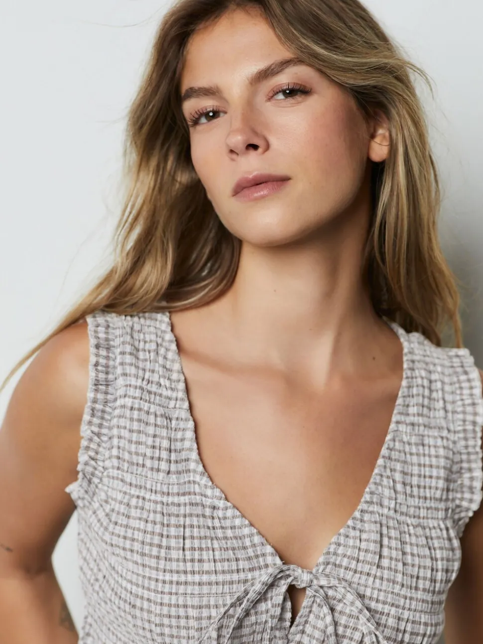 Chocolate Brown Gingham Shirred Tie Front Sleeveless Top