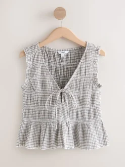 Chocolate Brown Gingham Shirred Tie Front Sleeveless Top