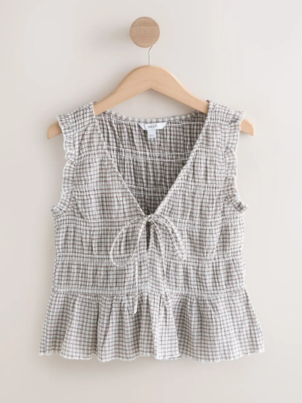 Chocolate Brown Gingham Shirred Tie Front Sleeveless Top