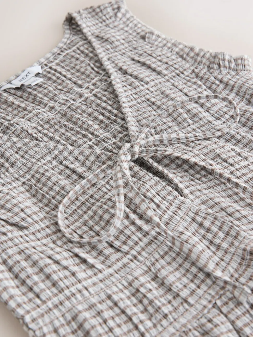 Chocolate Brown Gingham Shirred Tie Front Sleeveless Top