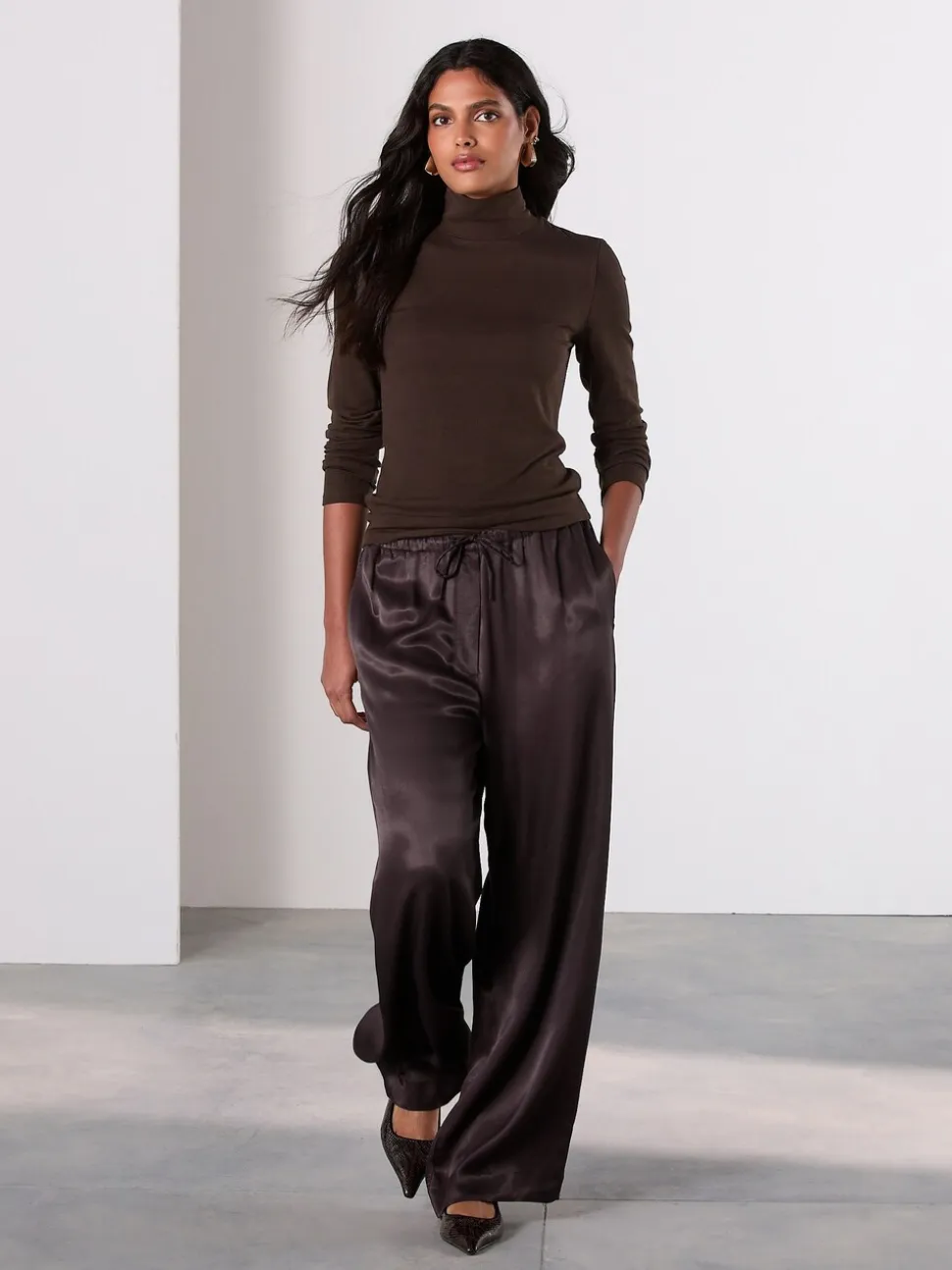 Chocolate Brown High Neck Long Sleeve Top with TENCEL™ Lyocell