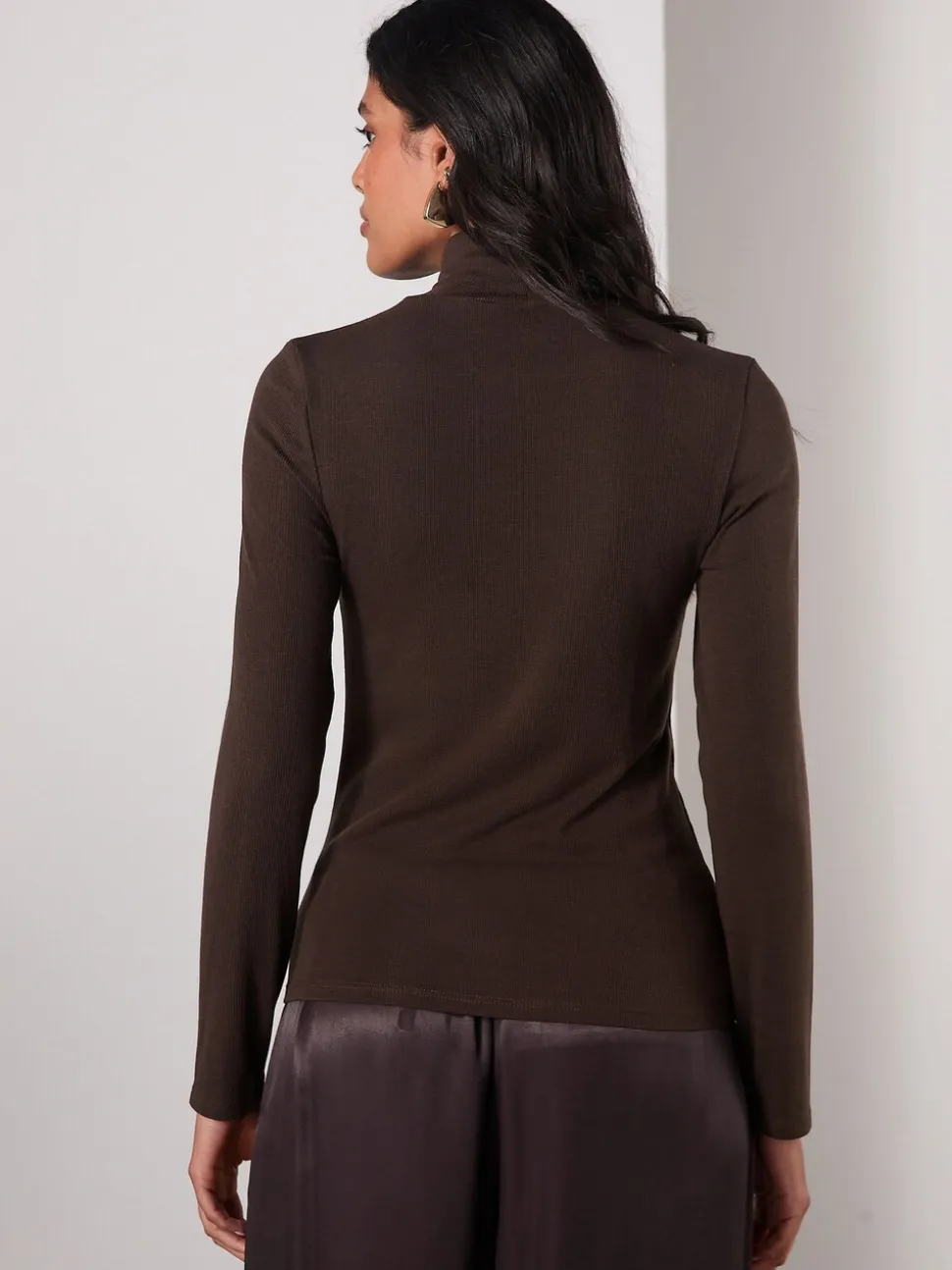 Chocolate Brown High Neck Long Sleeve Top with TENCEL™ Lyocell