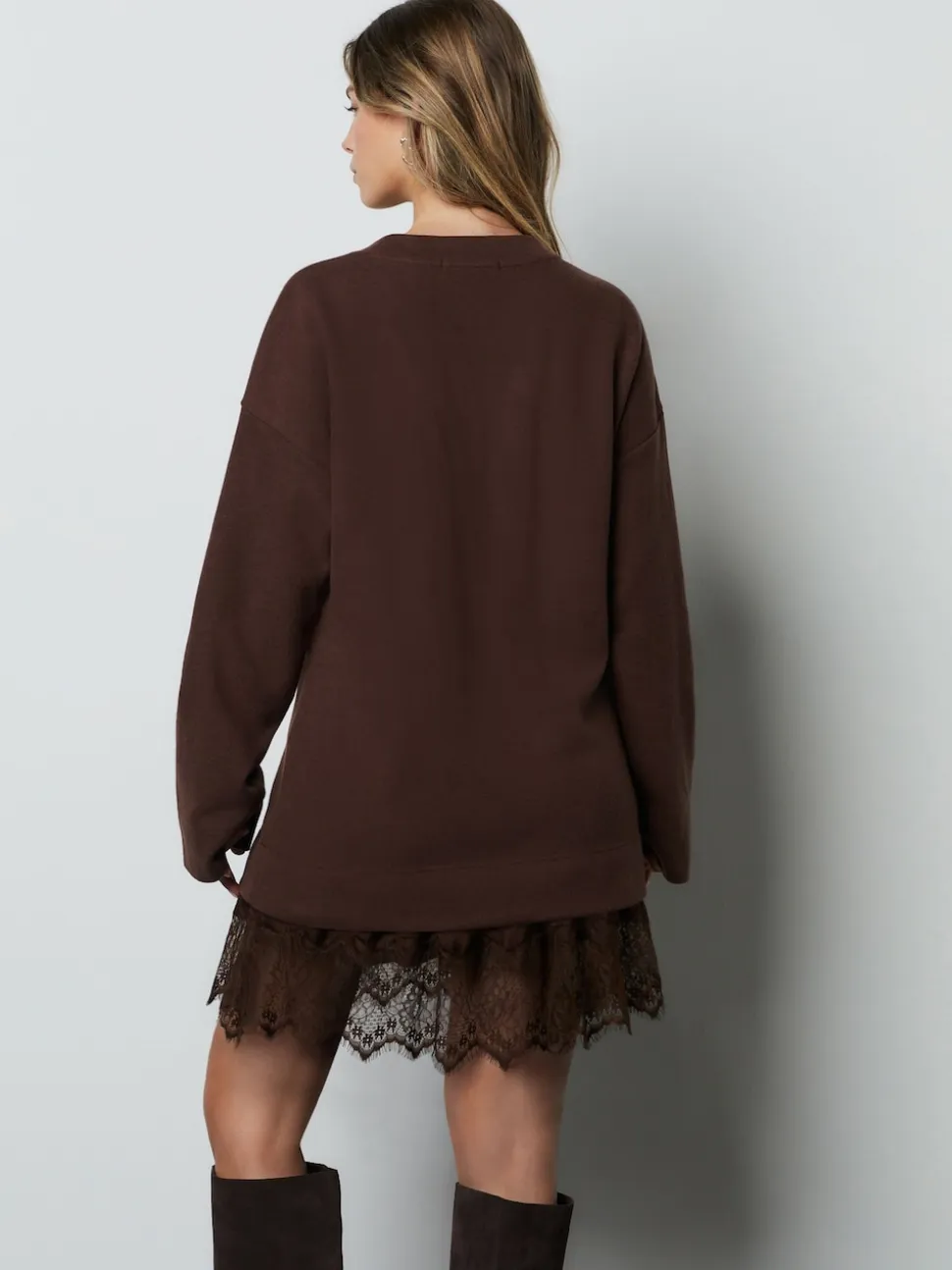 Chocolate Brown 2-In-1 Soft Touch Jumper Lace Skirt
