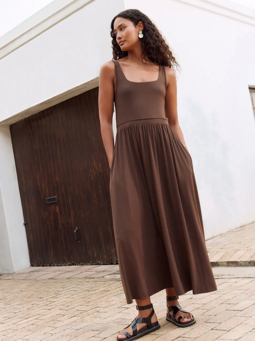 Chocolate Brown Jersey Waisted Summer Dress