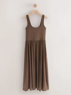 Chocolate Brown Jersey Waisted Summer Dress
