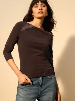 Chocolate Brown Lace Detail Long Sleeve Top