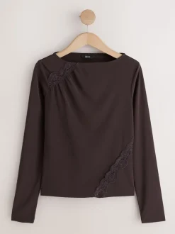 Chocolate Brown Lace Detail Long Sleeve Top