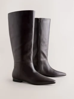 Chocolate Brown Leather Forever Comfort® Flat Chisel Toe Knee High Boots