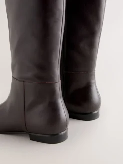 Chocolate Brown Leather Forever Comfort® Flat Chisel Toe Knee High Boots