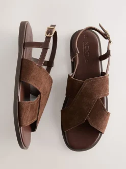 Chocolate Brown Leather Standard/Wide Fit Stitched Slingback Sandals