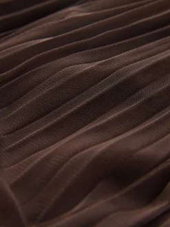 Chocolate Brown Mesh Pleated Maxi Skirt