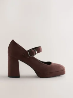 Chocolate Brown Microfibre Forever Comfort® Brogue Mary Jane Platform Block Heels