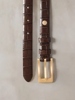 Chocolate Brown N. Premium Made In Italy Croc Effect Look Leather Belt