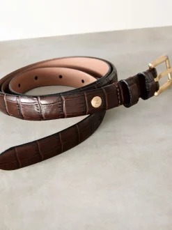 Chocolate Brown N. Premium Made In Italy Croc Effect Look Leather Belt