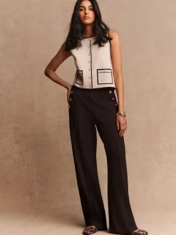 Chocolate Brown Ponte Wide Leg Trousers With Gold Button Detailing
