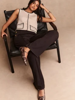 Chocolate Brown Ponte Wide Leg Trousers With Gold Button Detailing