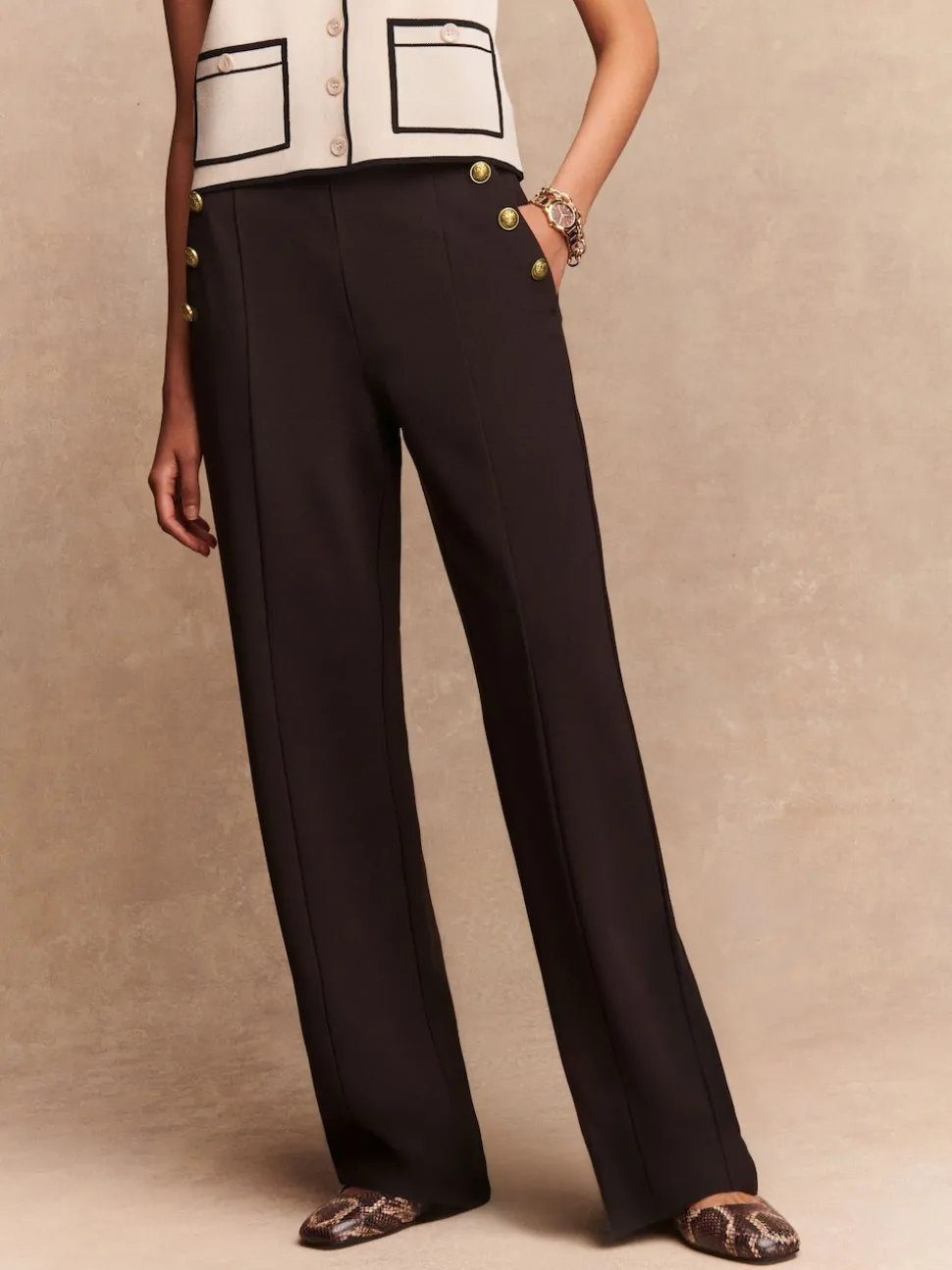Chocolate Brown Ponte Wide Leg Trousers With Gold Button Detailing