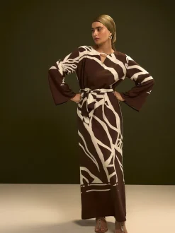 Chocolate Brown Print V-Neck 3/4 Length Sleeve Maxi Kaftan Dress
