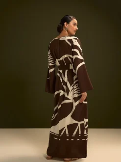 Chocolate Brown Print V-Neck 3/4 Length Sleeve Maxi Kaftan Dress