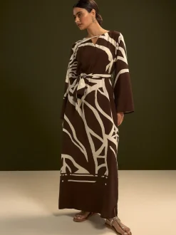 Chocolate Brown Print V-Neck 3/4 Length Sleeve Maxi Kaftan Dress